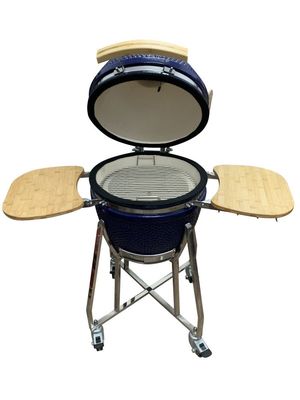 Ceramiczny 18-calowy grill Kamado w kolorze niebieskim 48 cm z wózkiem i stolikami bocznymi