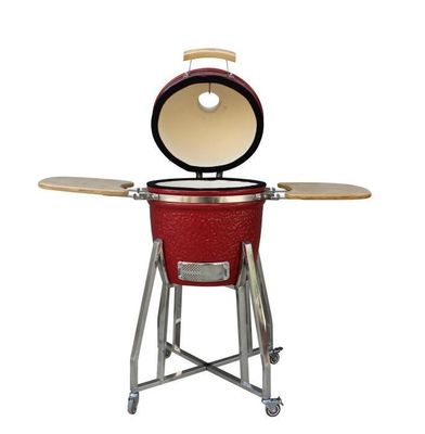 Kamado 15-calowy ceramiczny palacz na węgiel drzewny w kolorze czerwonym 39 cm z wózkiem i stolikami bocznymi