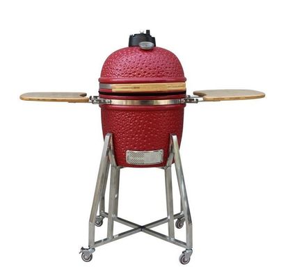 Ceramiczny 15-calowy grill Kamado ze stali nierdzewnej w kolorze czerwonym 39 cm z wózkiem i stolikami bocznymi