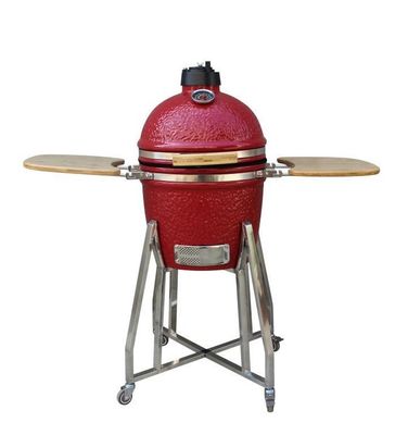 Kamado 15-calowy ceramiczny palacz na węgiel drzewny w kolorze czerwonym 39 cm z wózkiem i stolikami bocznymi