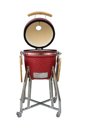 Ceramiczny 15-calowy grill Kamado ze stali nierdzewnej w kolorze czerwonym 39 cm z wózkiem i stolikami bocznymi